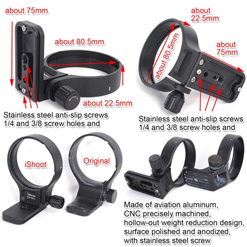 iShoot Lens Collar Support, CNC Machined Tripod Mount Ring for TS-71 Sigma 150-600mm f/5-6.3 DG OS HSM Contemporary Lens, Bottom is ARCA Fit Quick Release Plate for Tripod Ball Head of ARCA-SWISS Type - Image 3